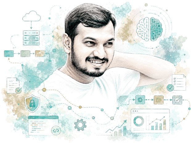 An illustrated portrait of Prasanna Brabourame, hand behind his head, surrounded by drawn diagrams: a cloud feeding a rack of servers, a chain of pipeline steps, a circuit-board brain, a padlock on a shield, a code window, a checklist and a dashboard of charts.